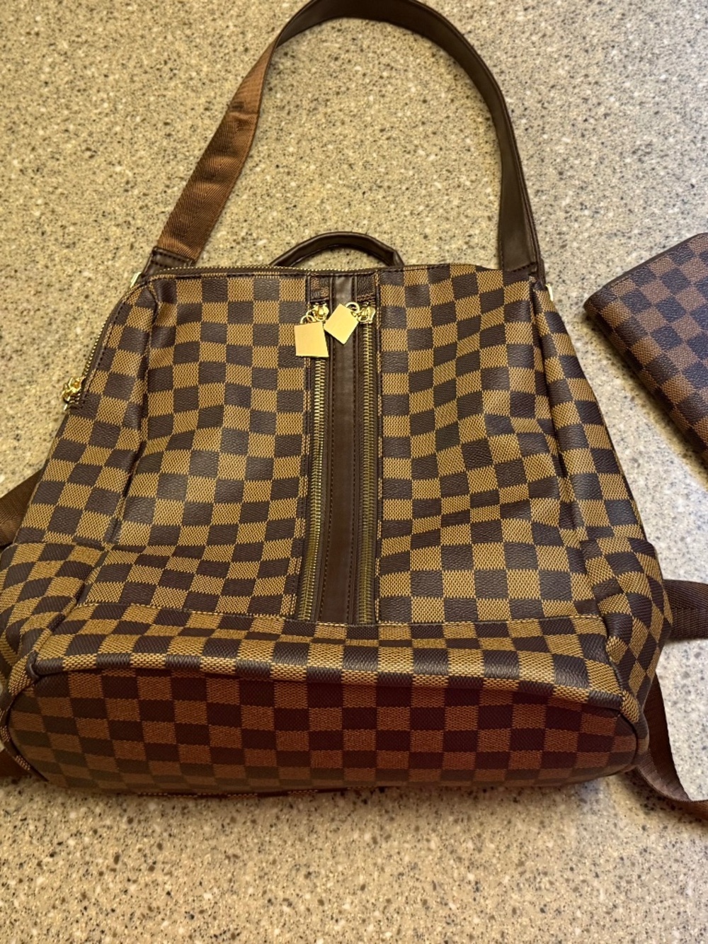 Brown Checkered Convertible Backpack & Matching Wallet Set